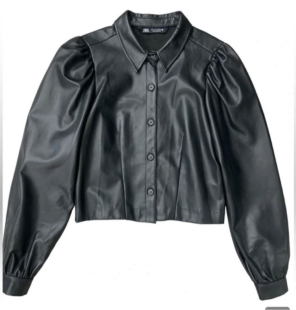 Zara Faux Vegan Leather Button Down Collared Shirt Jacket Cardigan M